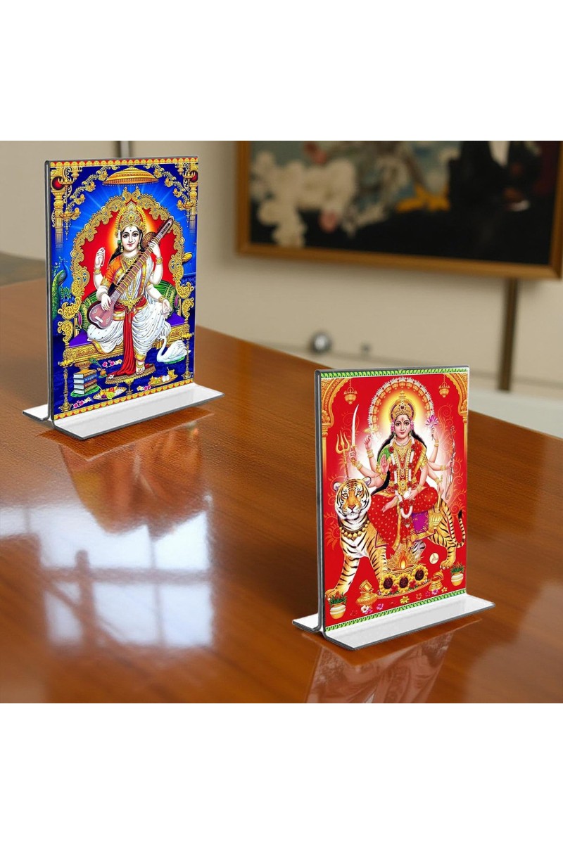 Debi Saraswati & Debi Durga Acrylic T-Style Photo Stand, Compact and Stylish Spiritual Display, easily change 2 photos (Pack of 1)