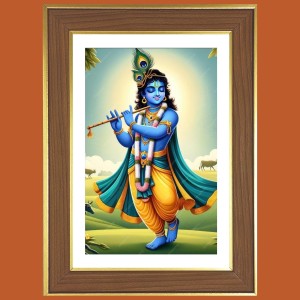Lord krishna with flute Photo Frame - 14x18 Inches, Brown Wooden Frame for Home, Office & Temple Decoration