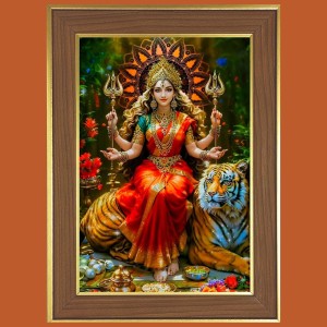 Vaishno Devi Matha Photo Frame - 10x14 Inches, Brown Wooden Frame for Home, Office & Temple Decoration