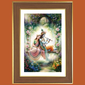 Radha krishna flute Photo Frame - 12x16 Inches, Brown Wooden Frame for Home, Office & Temple Decoration
