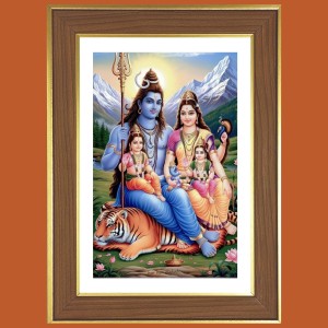 Mahadev Parvati Ganesh Kartikeya Photo Frame - 10x14 Inches, Brown Wooden Frame for Home, Office & Temple Decoration