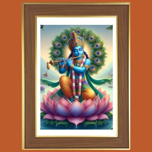 Sri Krishna On Lotus Photo Frame - 12x16 Inches, Brown Wooden Frame for Home, Office & Temple Decoration Sri Krishna On Lotus Photo Frame - 12x16 Inches, Brown Wooden Frame for Home, Office & Temple Decoration