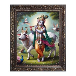 Sri Krishna with Cow Big Photo Frame - 16x20 Inches for Home & Office Decoration