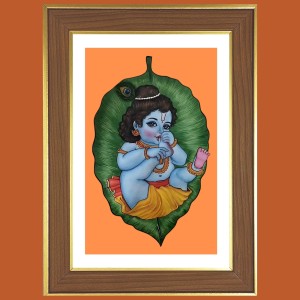 Baby Krishna with leaf Photo Frame - 10x14 Inches, Brown Wooden Frame for Home, Office & Temple decoration