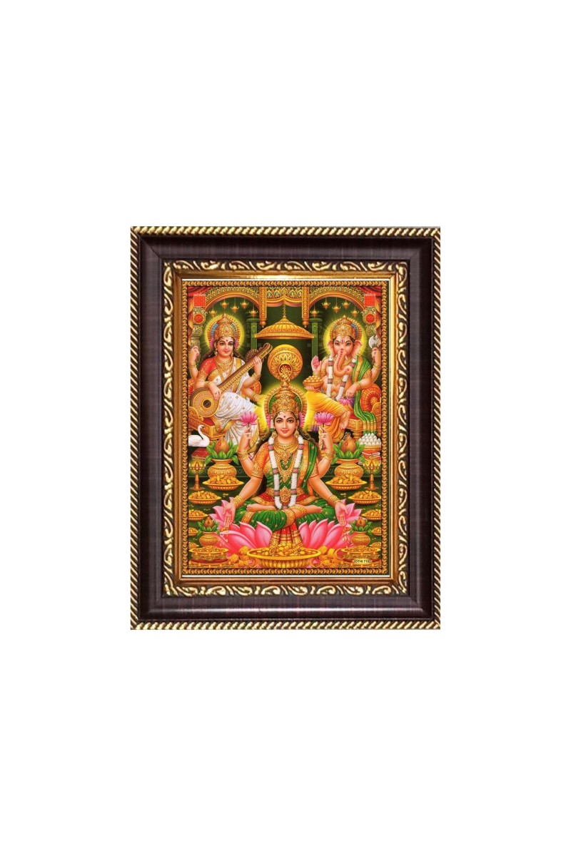 Maa Lakhsmi, Sri Ganesh and Maa Swaraswait Digital Print Photo 6.7x8.7 inches - Vibrant Religious Wall Art for Home or Office Decor.