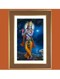 God Sri Krishna Photo Frame - 10x14 Inches, Brown Wooden Frame for Home, Office & Temple Decoration