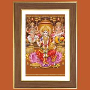 Saraswathi and Ganesha and Lakshmi Photo Frame - 10x14 Inches, Brown Wooden Frame for Home, Office & Temple Decoration