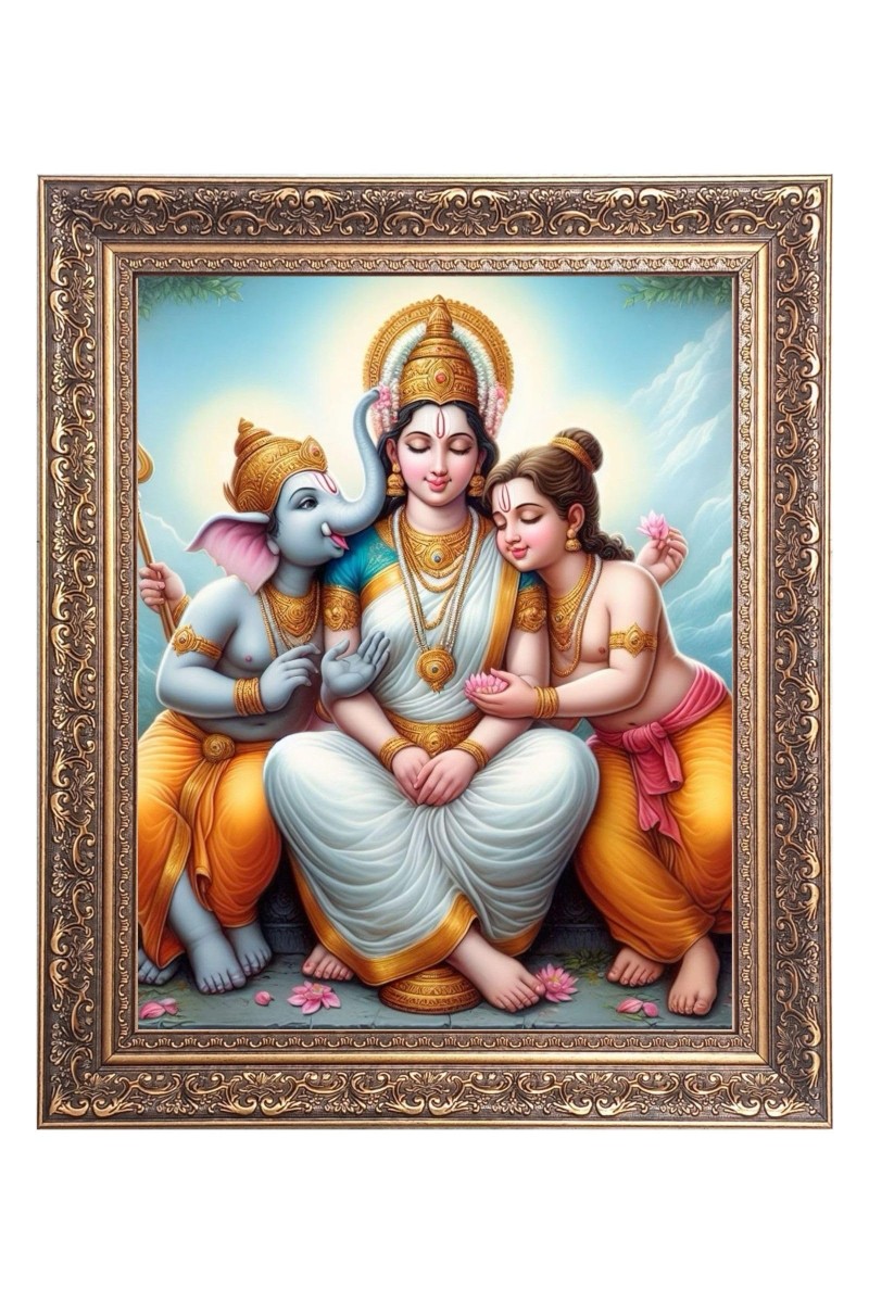 Maa Parbati, Sri Ganesh & Sri Kartik Big Photo Frame - 18x22 Inches for Home & Office Decoration