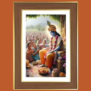 Lord Krishna With Devotees Photo Frame - 12x16 Inches, Brown Wooden Frame for Home, Office & Temple Decoration