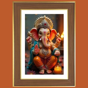 Lord Ganapathi Photo Frame - 10x14 Inches, Brown Wooden Frame for Home, Office & Temple Decoration