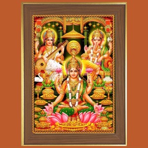 Saraswathi and Ganesha and Lakshmi Photo Frame - 10x14 Inches, Brown Wooden Frame for Home, Office & Temple Decoration