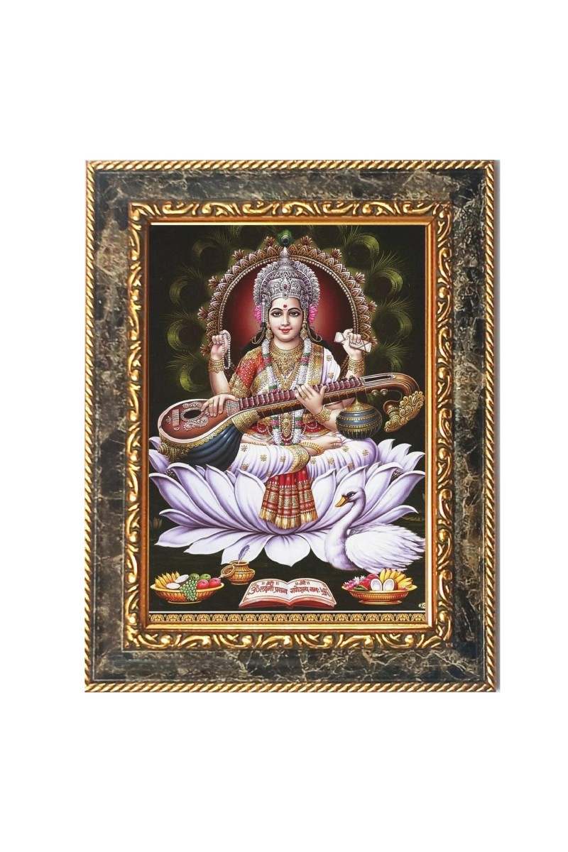 Maa Saraswati Digital Print Photo 6.7x8.7 inches - Vibrant Religious Wall Art for Home or Office Decor.
