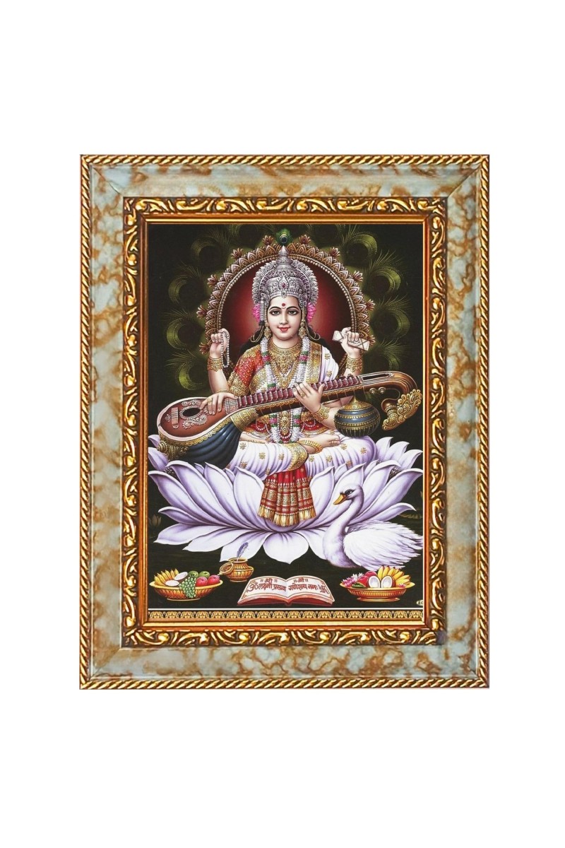 Maa Saraswati Digital Print Photo 6.7x8.7 inches - Vibrant Religious Wall Art for Home or Office Decor.