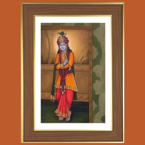 Sri Krishna with Murali Photo Frame - 14x18 Inches, Brown Wooden Frame for Home, Office & Temple Decoration