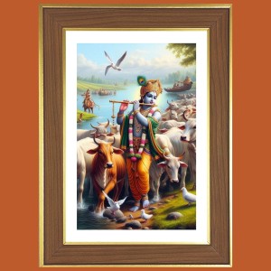 Shri Krishna Playing Flute With Cows Photo Frame - 10x14 Inches, Brown Wooden Frame for Home, Office & Temple decoration Shri Krishna Playing Flute With Cows Photo Frame - 10x14 Inches, Brown Wooden Frame for Home, Office & Temple decoration