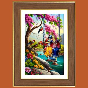 Radha Krishna Photo Frame - 10x14 Inches, Brown Wooden Frame for Home, Office & Temple decoration