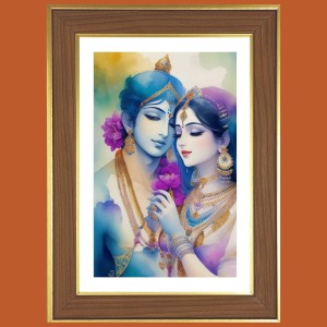 Radha Krishna Eternal Love Photo Frame - 10x14 Inches, Brown Wooden Frame for Home, Office & Temple Decoration