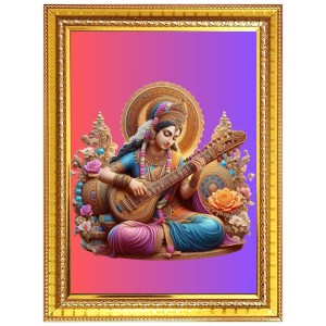 Goddess Maa Saraswati Photo Frame - 14x18 Inches, Brown Wooden Frame for Home, Office & Temple Decoration