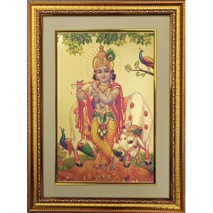 Sri Krishna Golden Photo 11.5x15.5 Inches Perfect for Home, Office & Temple Decoration