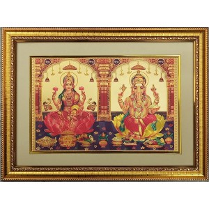 Maa Laxmi and Lord Ganesh Golden Photo 11.5x15.5 Inches Perfect for Home, Office & Temple Decoration
