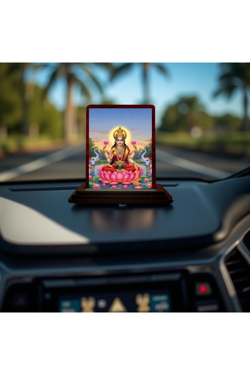 Car Desk/Table Top Goddess Lakshmi Wooden Photo Stand 3x4 Inches, Compact & Stylish Spiritual Display For Car, Home & Office (Pack Of 1) (F14236)