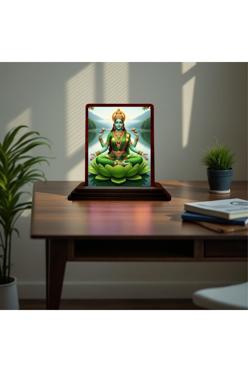 Car Desk/Table Top Goddess Lakshmi Wooden Photo Stand 3x4 Inches, Compact & Stylish Spiritual Display For Car, Home & Office (Pack Of 1) (F15135)
