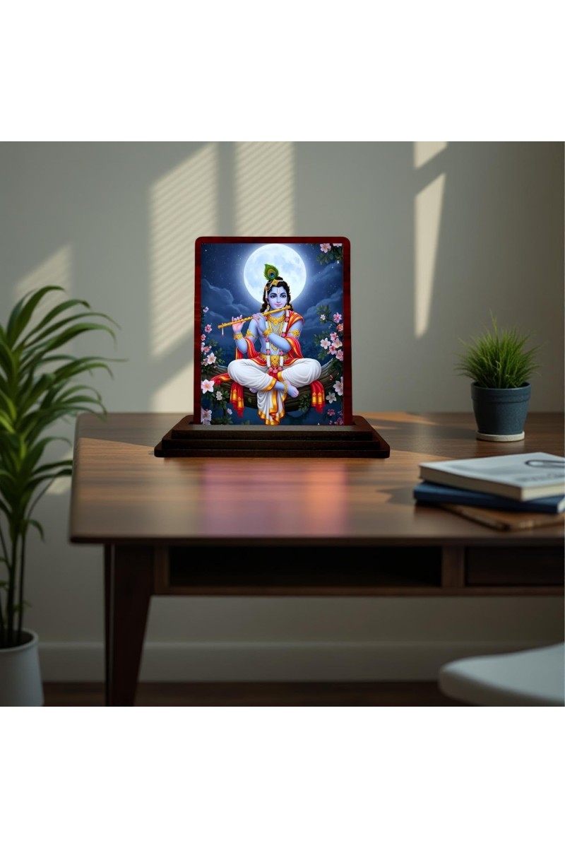 Car Desk/Table Top Lord Krishna Wooden Photo Stand 3x4 Inches, Compact & Stylish Spiritual Display For Car, Home & Office (Pack Of 1) (F15112)