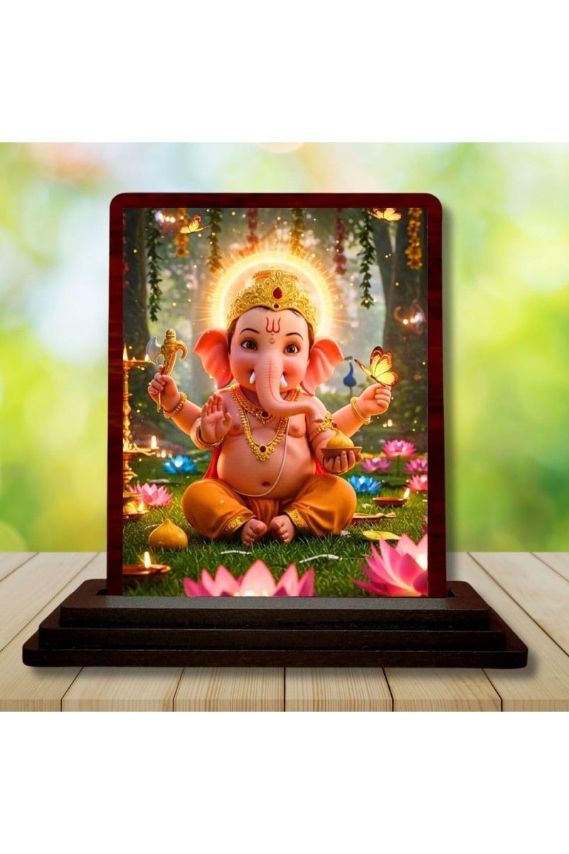 Car Desk/Table Top Lord Ganesha Wooden Photo Stand 3x4 Inches, Compact & Stylish Spiritual Display For Car, Home & Office (Pack Of 1) (F14414)