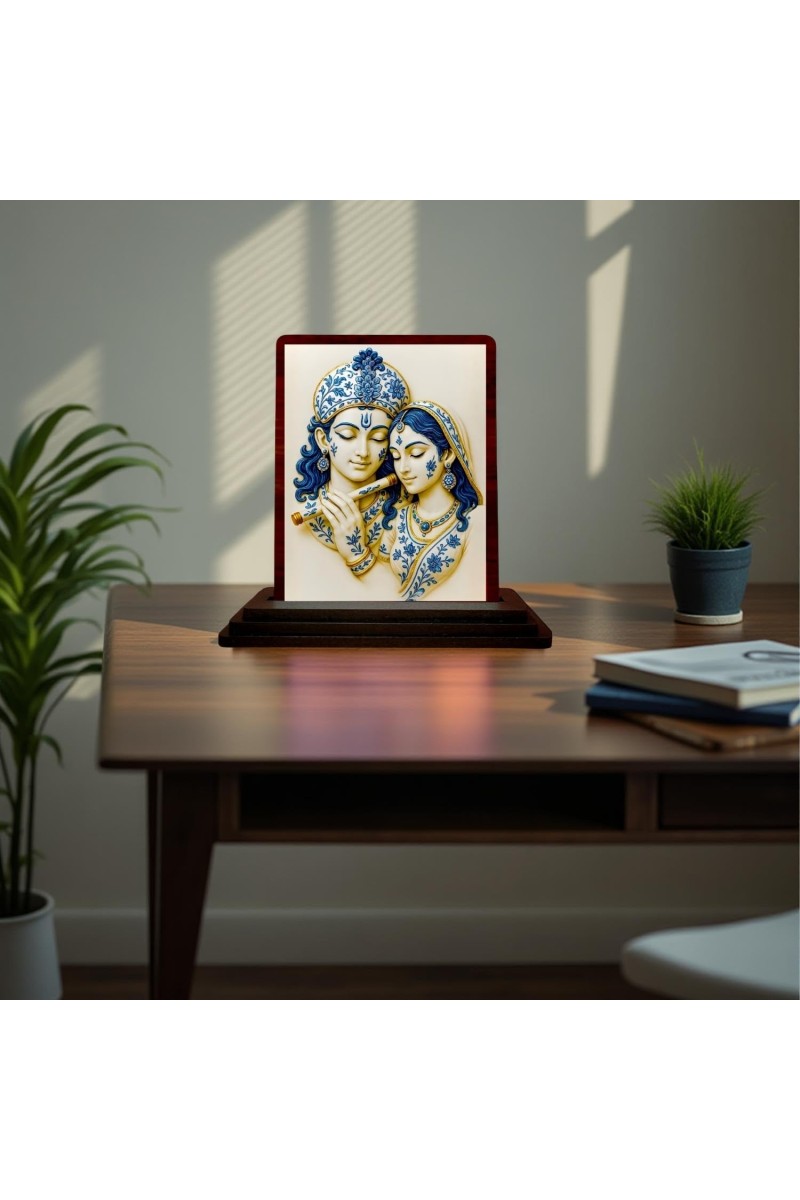 Car Desk/Table Top Lord Radha Krishna Wooden Photo Stand 3x4 Inches, Compact & Stylish Spiritual Display For Car, Home & Office (Pack Of 1) (F15180)