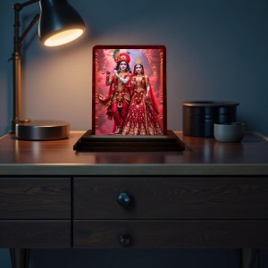 Car Desk/Table Top Radha Krishna Wooden Photo Stand 3x4 Inches, Compact & Stylish Spiritual Display For Car, Home & Office (Pack Of 1) (F14360)