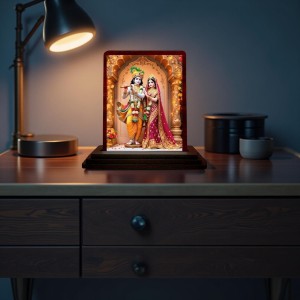 Car Desk/Table Top Radha Krishna Wooden Photo Stand 3x4 Inches, Compact & Stylish Spiritual Display For Car, Home & Office (Pack Of 1) (F14220)