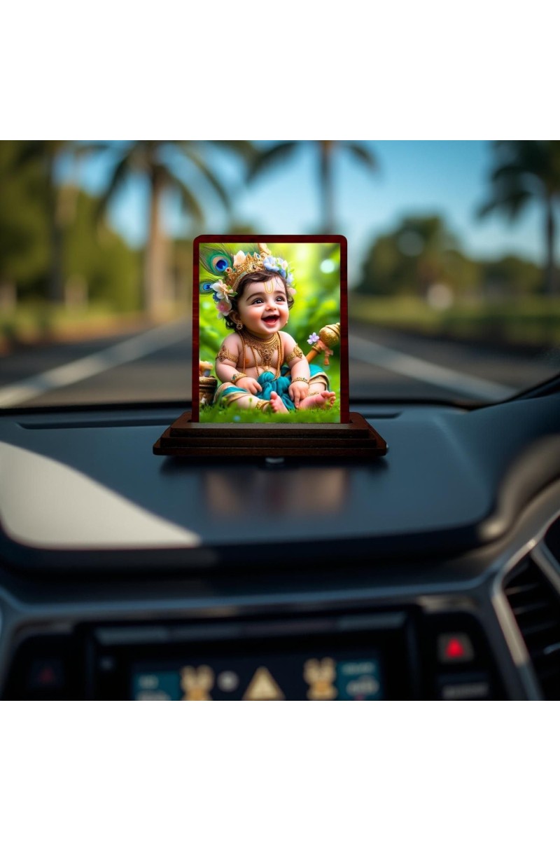 Car Desk/Table Top Little Cute Krishna Wooden Photo Stand 3x4 Inches, Compact & Stylish Spiritual Display For Car, Home & Office (Pack Of 1) (F14450)