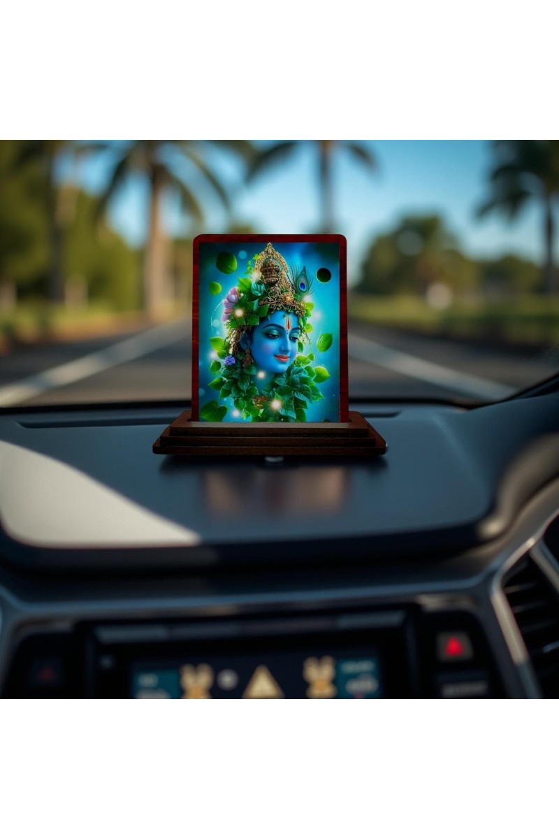 Car Desk/Table Top Lord Krishna Wooden Photo Stand 3x4 Inches, Compact & Stylish Spiritual Display For Car, Home & Office (Pack Of 1) (F14357)