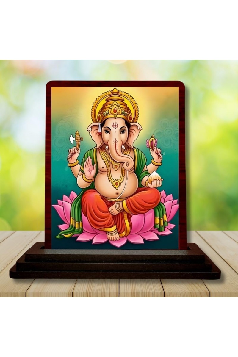 Car Desk/Table Top Lord Ganesha Wooden Photo Stand 3x4 Inches, Compact & Stylish Spiritual Display For Car, Home & Office (Pack Of 1) (F14265)