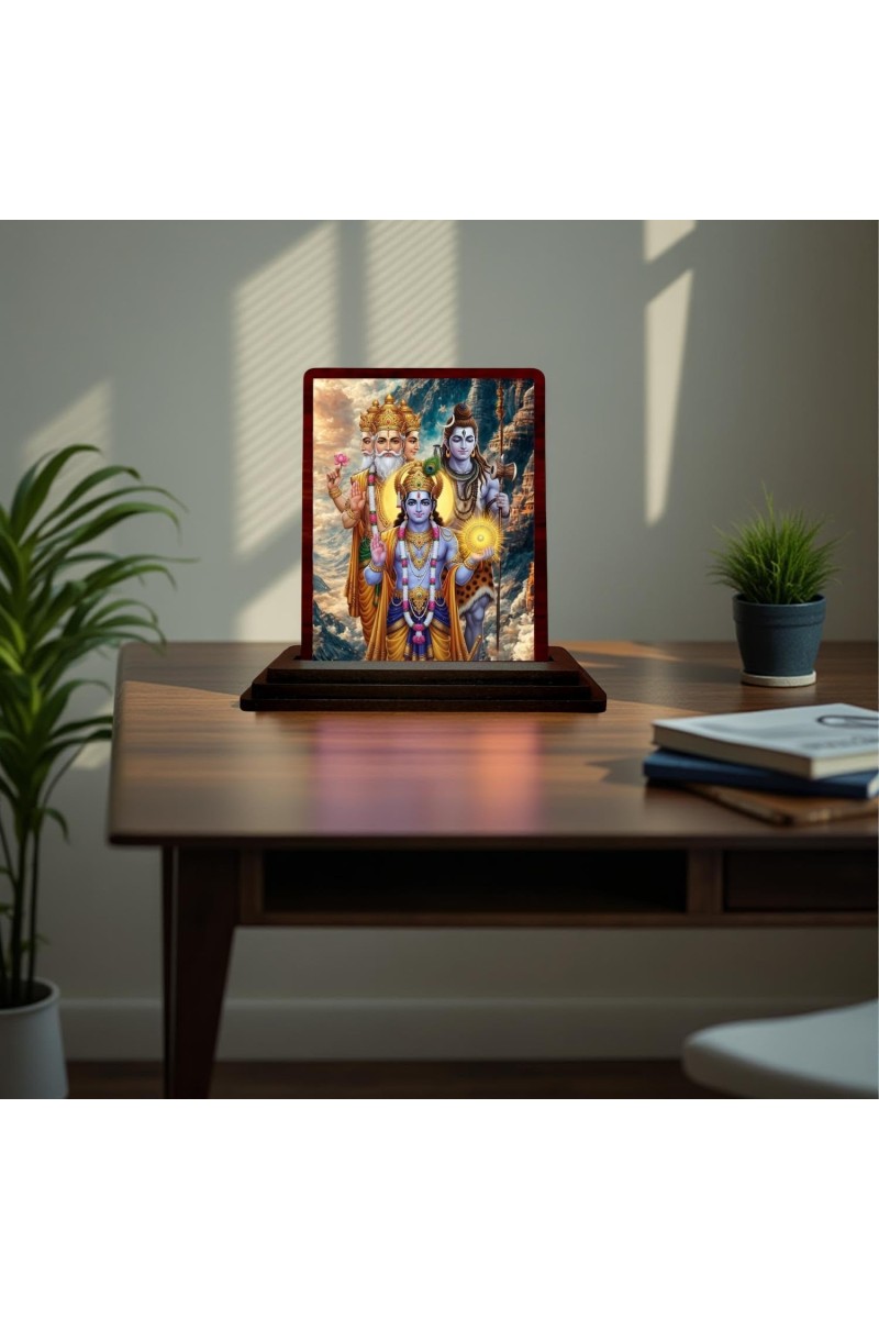 Car Desk/Table Top Lord Vishnu Shankar Bramha Wooden Photo Stand 3x4 Inches, Compact & Stylish Spiritual Display For Car, Home & Office (Pack Of 1) (F15187)