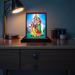 Car Desk/Table Top Radha Krishna Wooden Photo Stand 3x4 Inches, Compact & Stylish Spiritual Display For Car, Home & Office (Pack Of 1) (F14213)