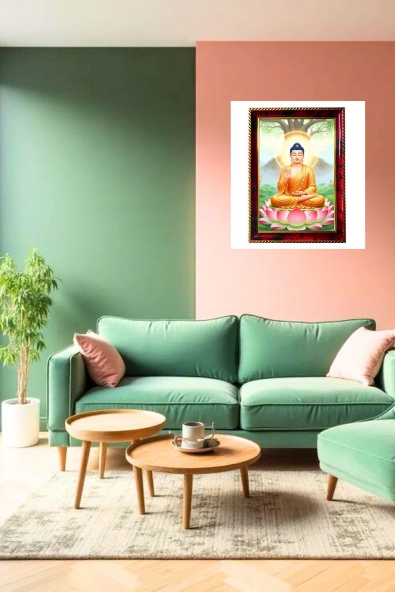 Peaceful Buddha Photo Frame For Wall & Table | 7x9 Inch Golden Cherry Finish | Decorative Peaceful Buddha Photo Frame For Home, Office & Pooja Room (F11614)
