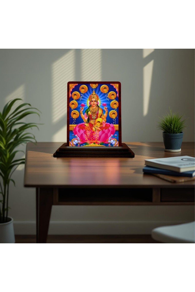Car Desk/Table Top Maa Laxmi Wooden Photo Stand 3x4 Inches, Compact & Stylish Spiritual Display For Car, Home & Office (Pack Of 1) (F15107)