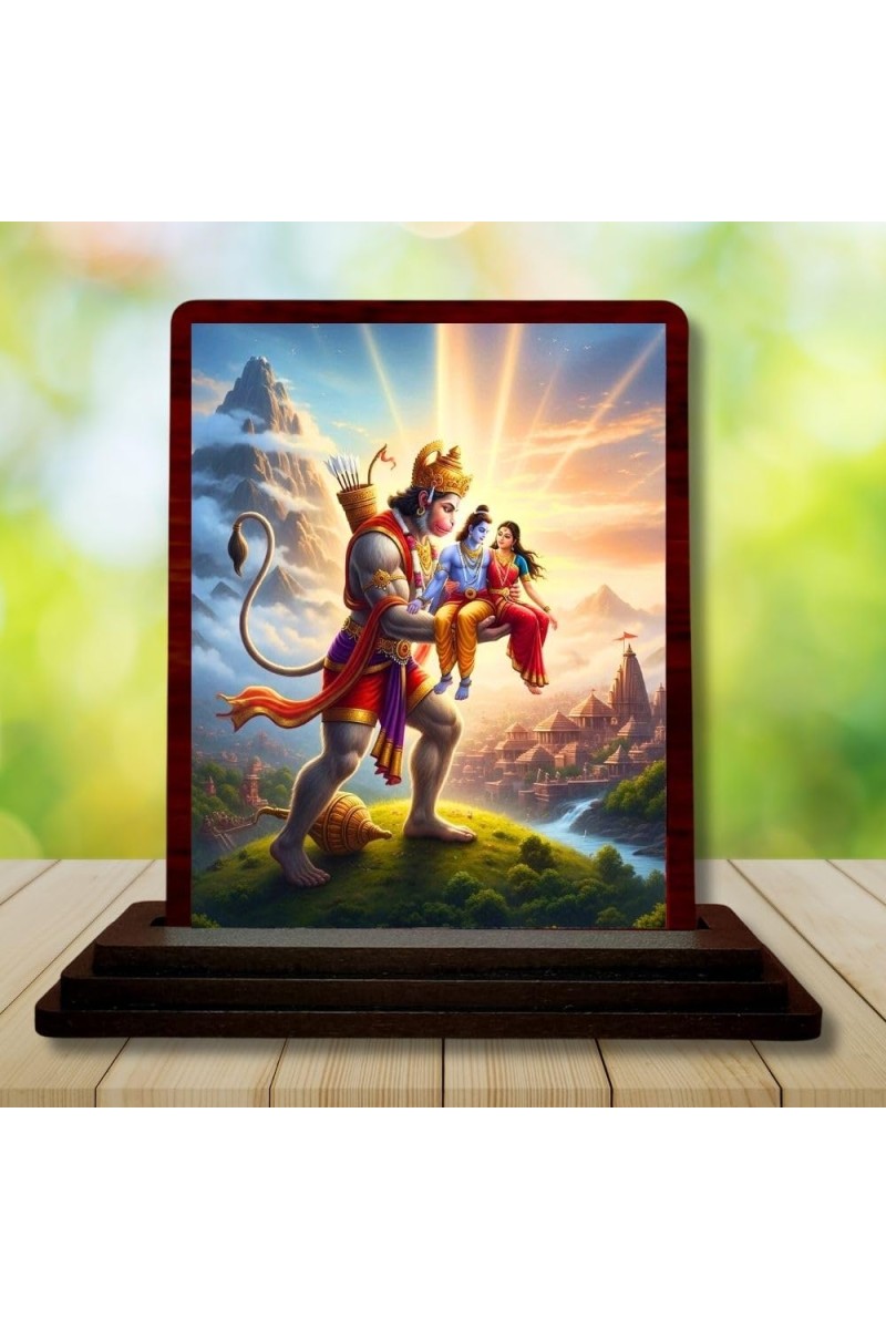 Car Desk/Table Top Lord Hanuman And Rama And Sita Wooden Photo Stand 3x4 Inches, Compact & Stylish Spiritual Display For Car, Home & Office (Pack Of 1) (F14304)