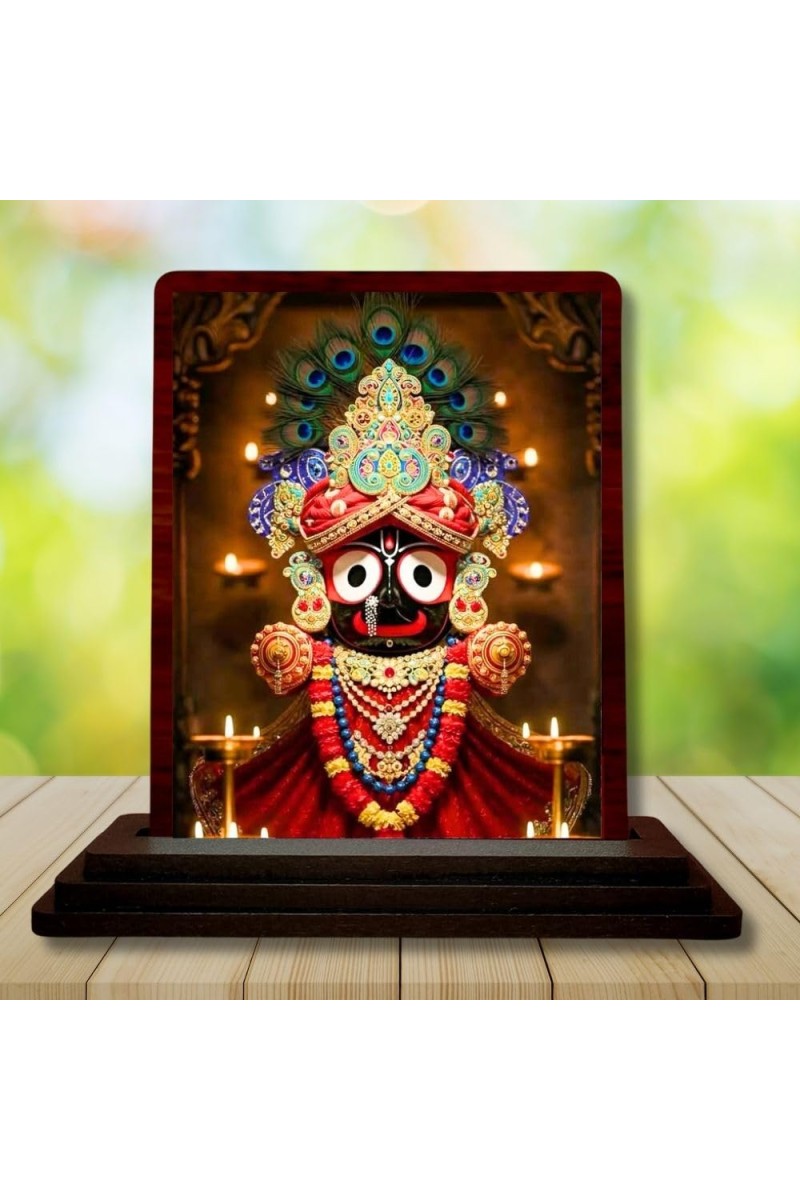 Car Desk/Table Top Lord Jagannath Wooden Photo Stand 3x4 Inches, Compact & Stylish Spiritual Display For Car, Home & Office (Pack Of 1) (F14599)