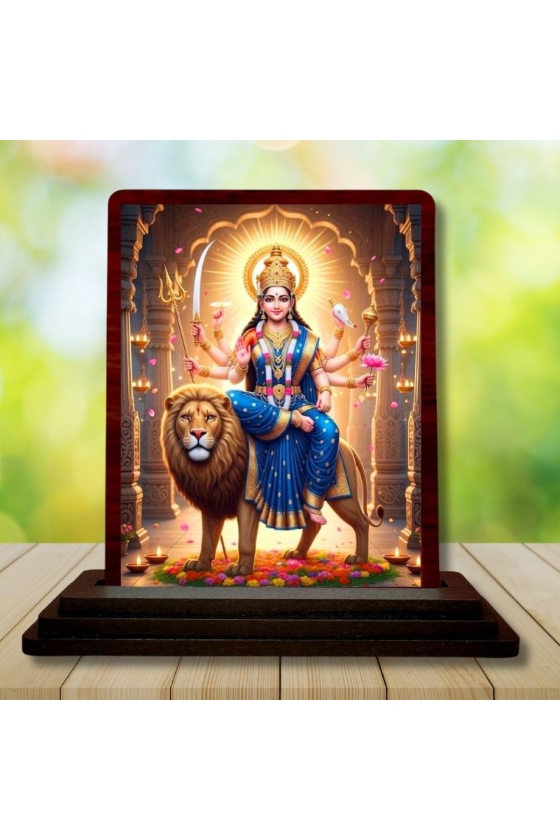 Car Desk/Table Top Goddess Durga Wooden Photo Stand 3x4 Inches, Compact & Stylish Spiritual Display For Car, Home & Office (Pack Of 1) (F14373)