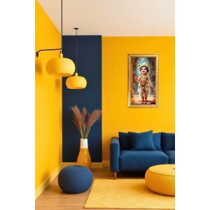 Little Krishna Digital Golden Color Photo Frame | Hindu Religious Wall Decor | 8x15 Inches - Inspirational Wall Art For Office, Home Decor - Ideal Spiritual Gift (F10272)