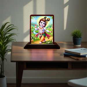 Car Desk/Table Top Lord Krishna Wooden Photo Stand 3x4 Inches, Compact & Stylish Spiritual Display For Car, Home & Office (Pack Of 1) (F14475)