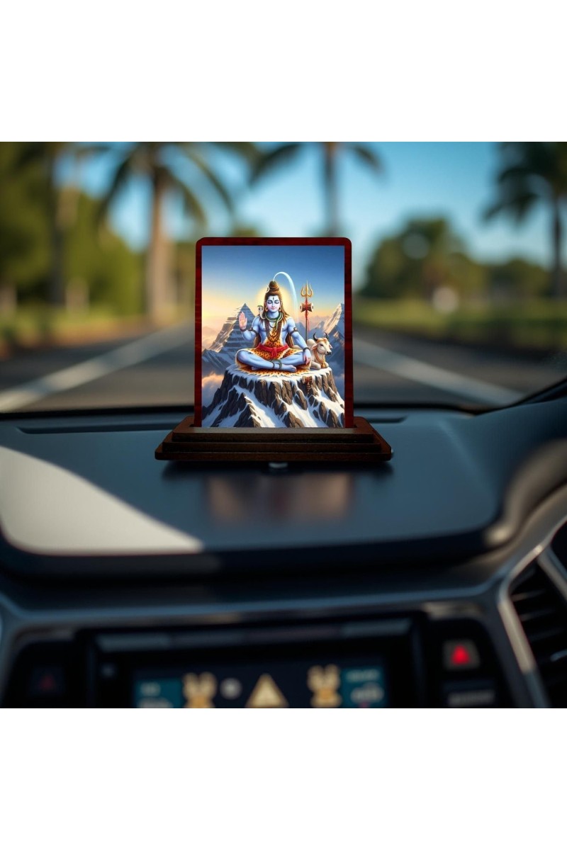 Car Desk/Table Top Lord Shiva Wooden Photo Stand 3x4 Inches, Compact & Stylish Spiritual Display For Car, Home & Office (Pack Of 1) (F14309)