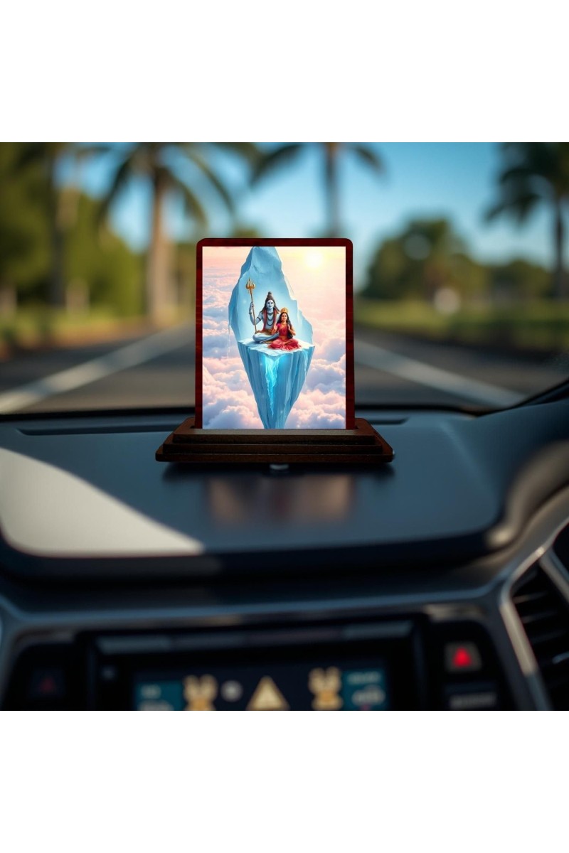 Car Desk/Table Top Lord Shiva And Parvathi Wooden Photo Stand 3x4 Inches, Compact & Stylish Spiritual Display For Car, Home & Office (Pack Of 1) (F14324)