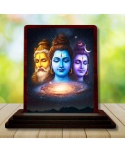 Car Desk/Table Top Bramha Vishnu Shiva Wooden Photo Stand 3x4 Inches, Compact & Stylish Spiritual Display For Car, Home & Office (Pack Of 1) (F14163)