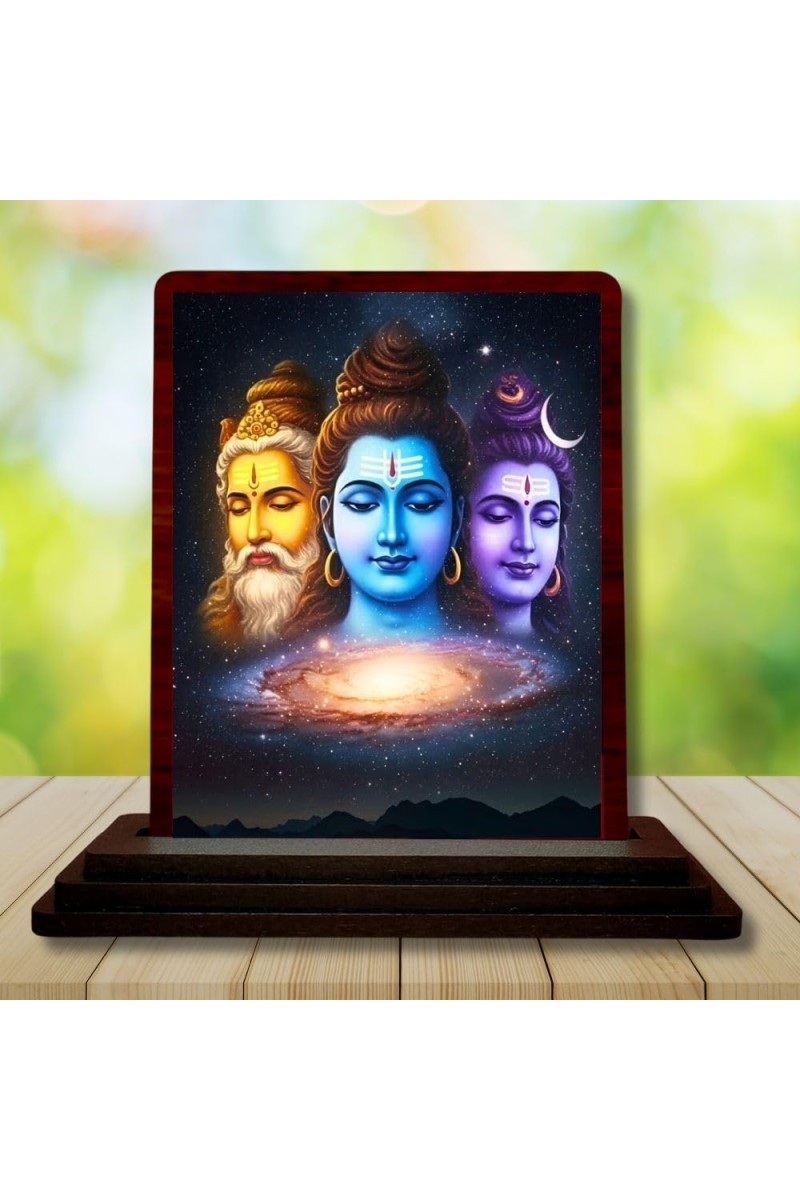 Car Desk/Table Top Bramha Vishnu Shiva Wooden Photo Stand 3x4 Inches, Compact & Stylish Spiritual Display For Car, Home & Office (Pack Of 1) (F14163)