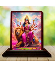 Car Desk/Table Top Goddess Durga Wooden Photo Stand 3x4 Inches, Compact & Stylish Spiritual Display For Car, Home & Office (Pack Of 1) (F14346)