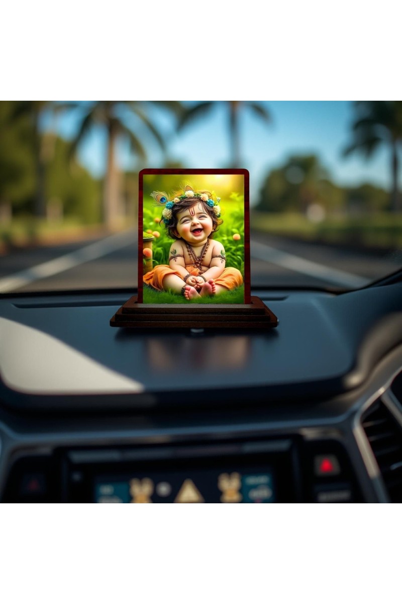 Car Desk/Table Top Lord Krishna Wooden Photo Stand 3x4 Inches, Compact & Stylish Spiritual Display For Car, Home & Office (Pack Of 1) (F14494)