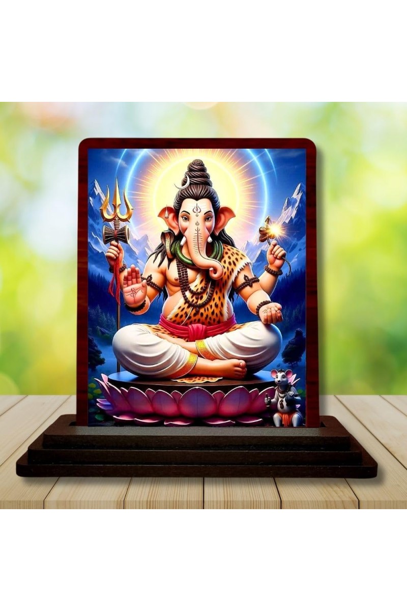 Car Desk/Table Top Lord Ganesha Wooden Photo Stand 3x4 Inches, Compact & Stylish Spiritual Display For Car, Home & Office (Pack Of 1) (F14616)